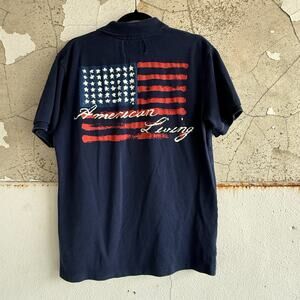Vintage‎ Americana Eagle Flag Graphic Polo Shirt Men’s Medium Navy Short Sleeve